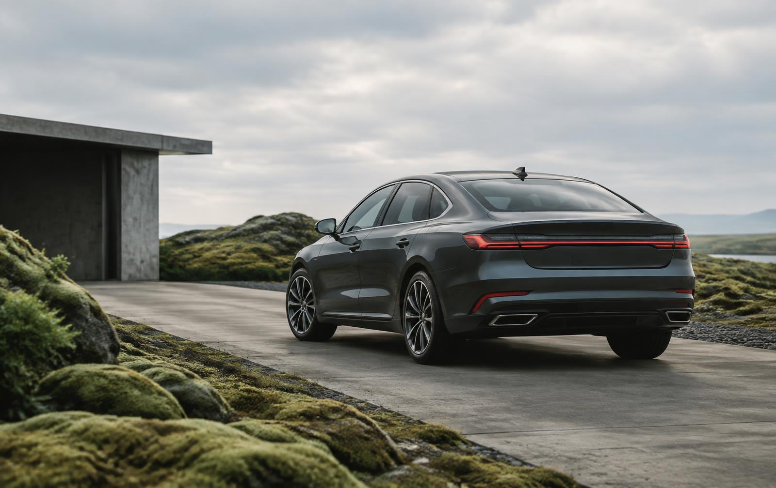 Graphite sedan on a quiet road